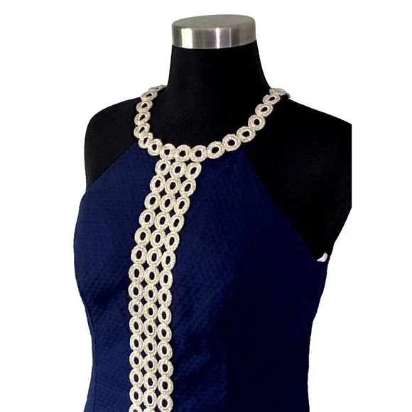 Lilly Pulitzer Sasha Shift Dress Navy and Gold Size 0 Sleeveless Halter Summer - Picture 3 of 8